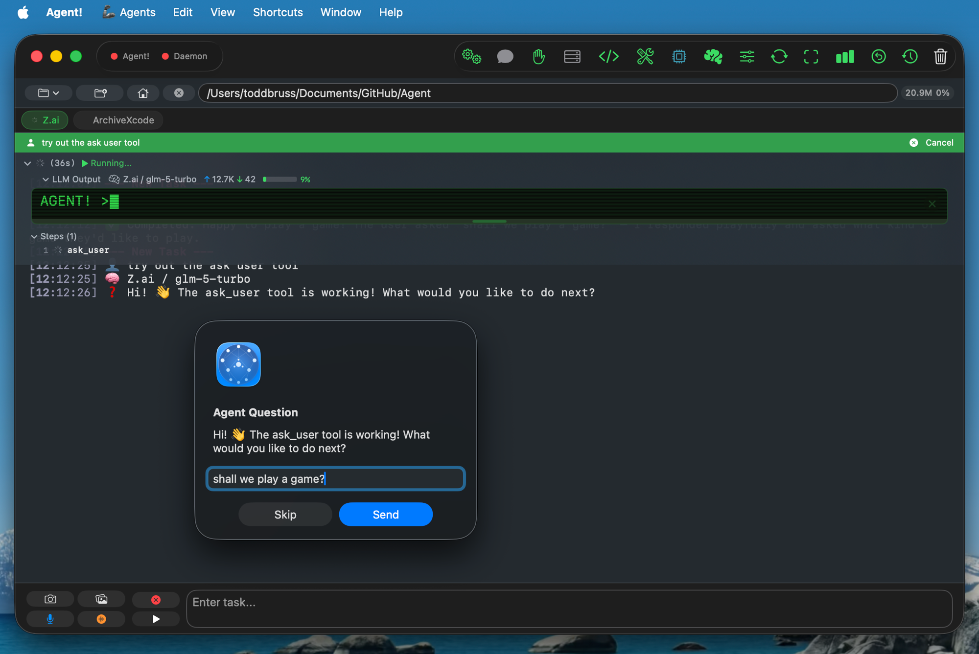 Agent! showing an Agent Question dialog asking the user to clarify a DMG name after their message was cut off, with Skip and Send buttons